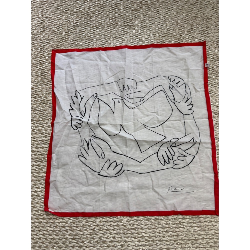 Picasso Dove of Peace Handkerchief Red White Black Line Art Square Scarf 16x16
